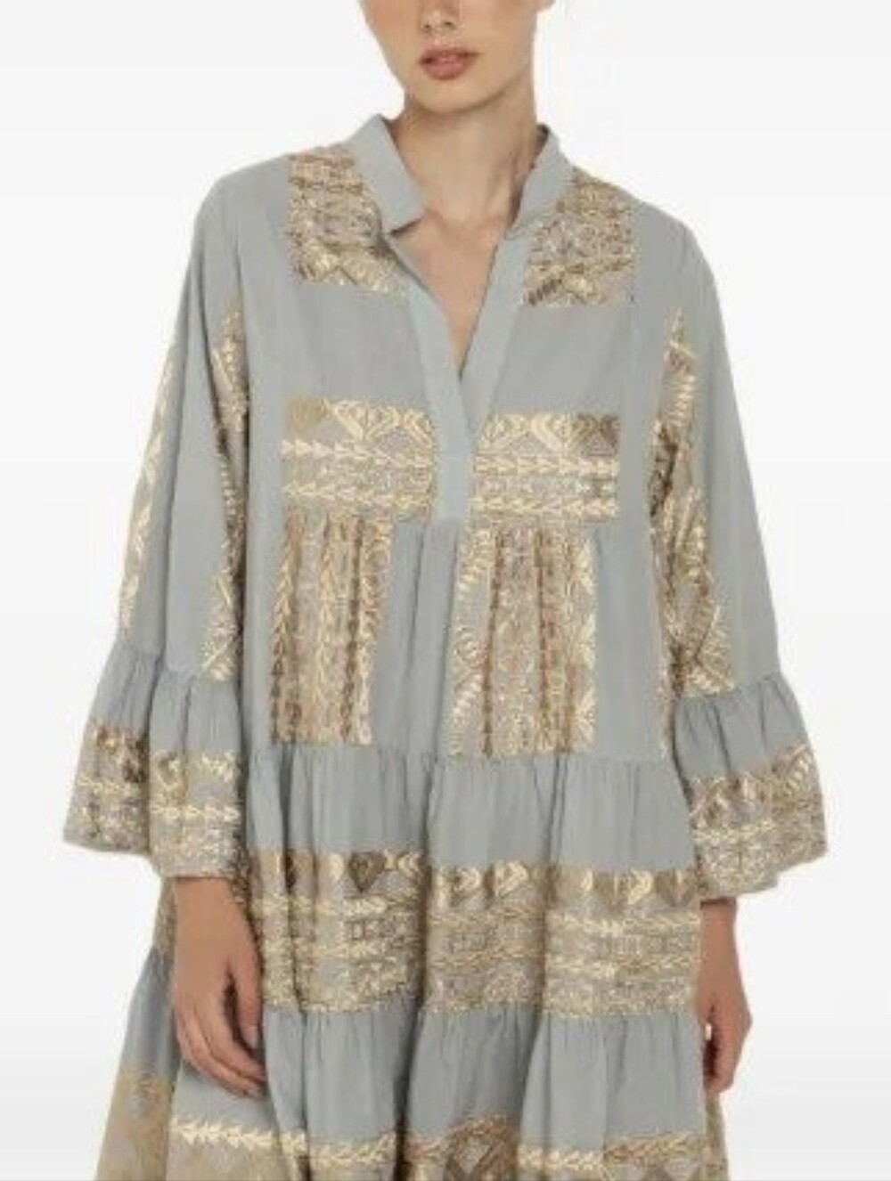 Greek Archaic Kori Embroidered Tiered Boho Dress L